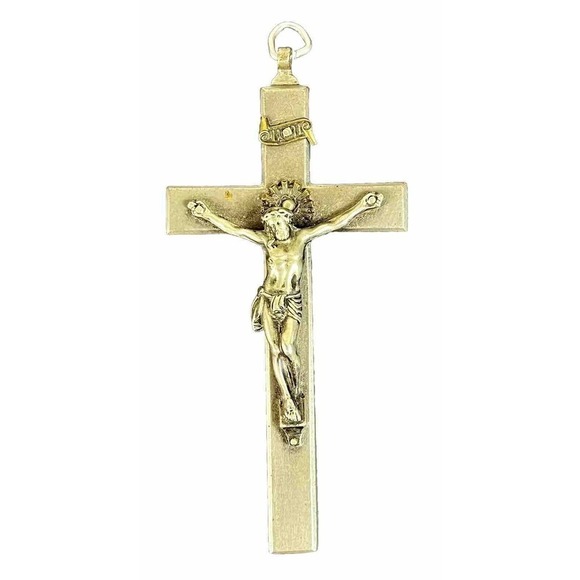 Large Antique French Brass & Silver Plated METAL Crucifix PECTORAL CROSS 4.5 x 2